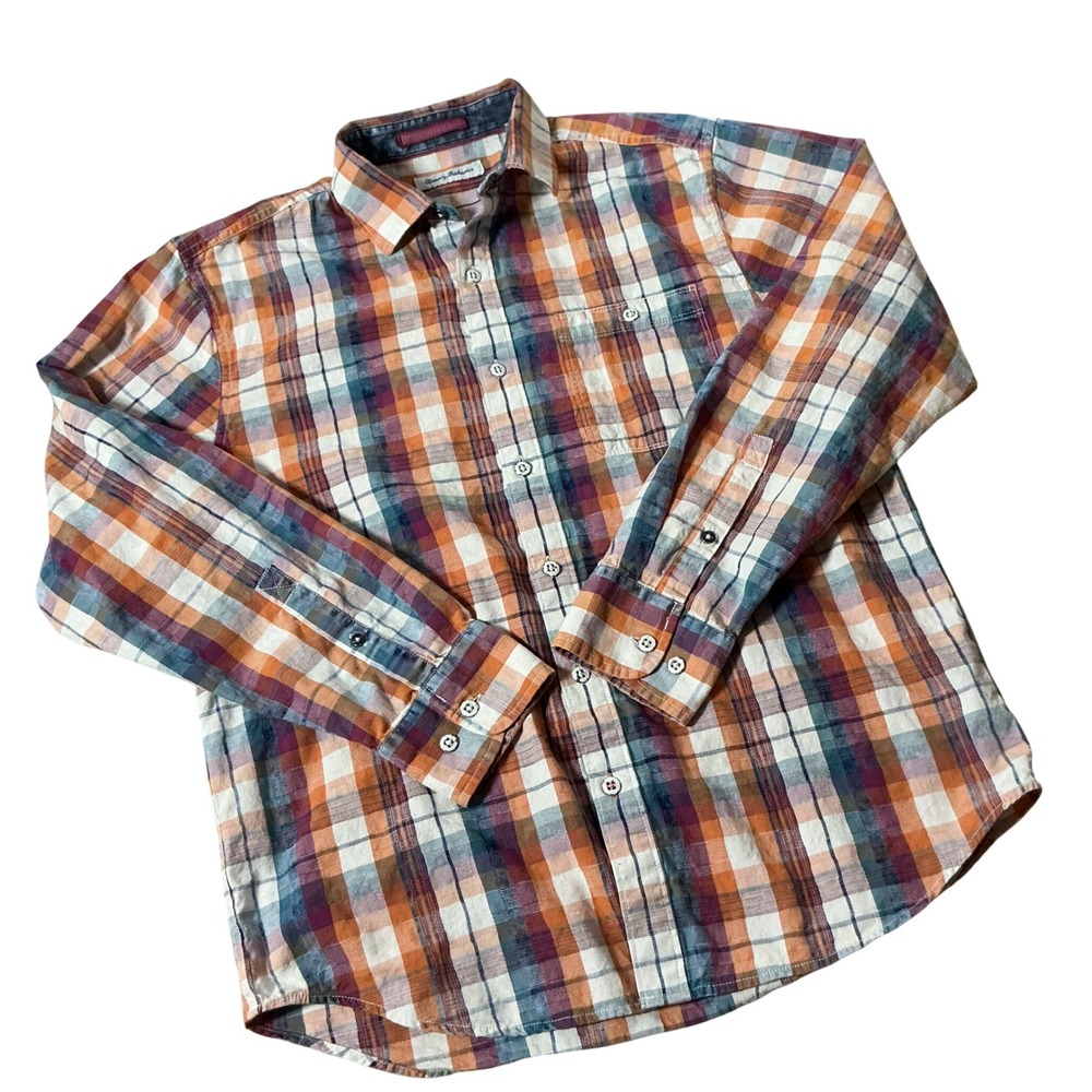 Tommy Bahama Plaid Button Down Shirt Mens M Orange Purple Cotton Long Sleeve Top